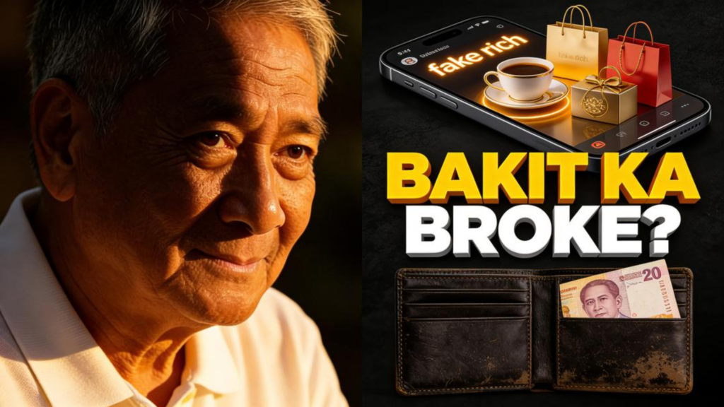 Lolo Melvyn Real Talk: The Real Reason You Are Still Broke (And How to Fix It) Lolo Melvyn close up side profile portrait with a dark background next to text reading Bakit Ka Broke with an illustration of a smartphone displaying fake rich luxury items and an old open leather wallet containing a single twenty peso bill.