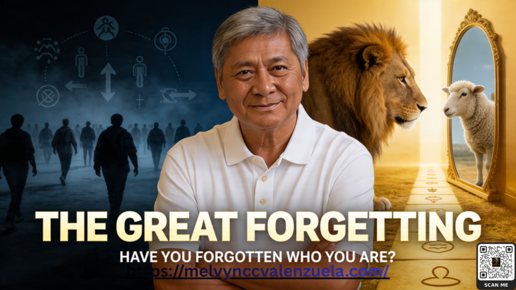 The Great Forgetting An infographic panel explicitly designed for The Great Forgetting article. It shows Lolo Melvyn with crossed arms split between a dark left side with silhouettes of lost people walking under a digital network diagram and a bright golden right side displaying a majestic lion looking into a mirror that reflects a sheep, illustrating the choice to defeat The Great Forgetting.