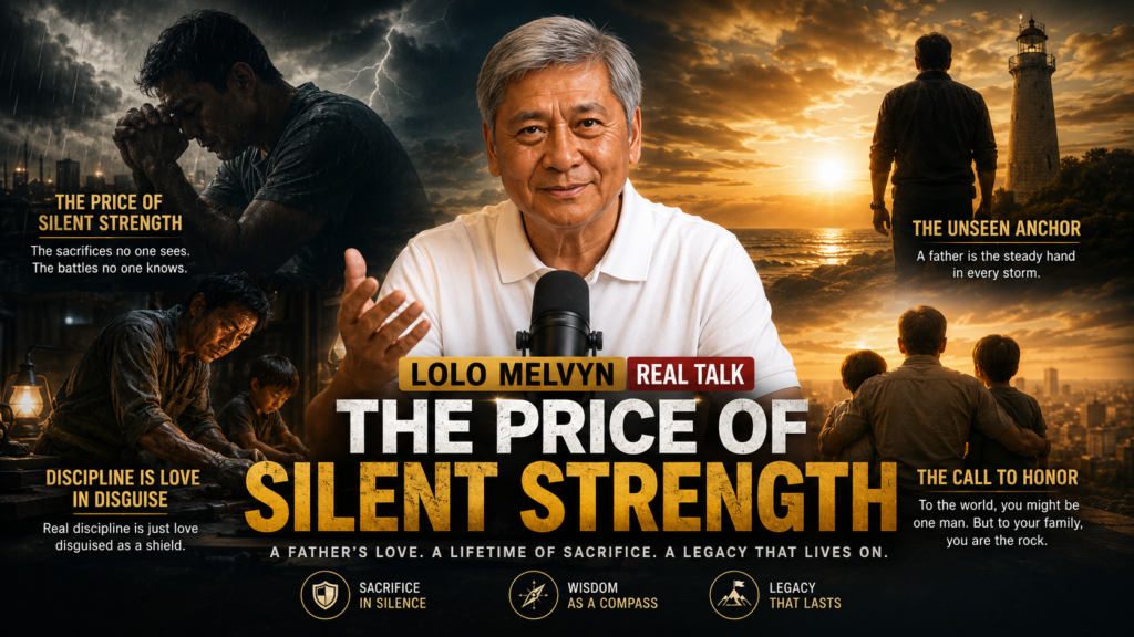 An official media banner analyzing The Price of Silent Strength. Lolo Melvyn sits at the center with a podcast microphone. Around him are four thematic quadrant windows showing a man praying in a dark rainstorm, a man working in a machine shop with his young son, a man standing by a lighthouse watching the sunset, and a father sitting with his two boys overlooking a cityscape. The main text title reads The Price of Silent Strength.