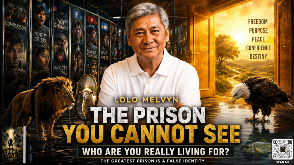 The Prison You Cannot See An infographic layout analyzing The Prison You Cannot See. It features Lolo Melvyn at the center, flanked on the left by dark jail cells showing faces with labels like Comparison and Identity Crisis, along with a lion looking at a sheep reflection. The right side opens to a bright, golden landscape with an eagle, a fish, and text listing Freedom, Purpose, and Peace.