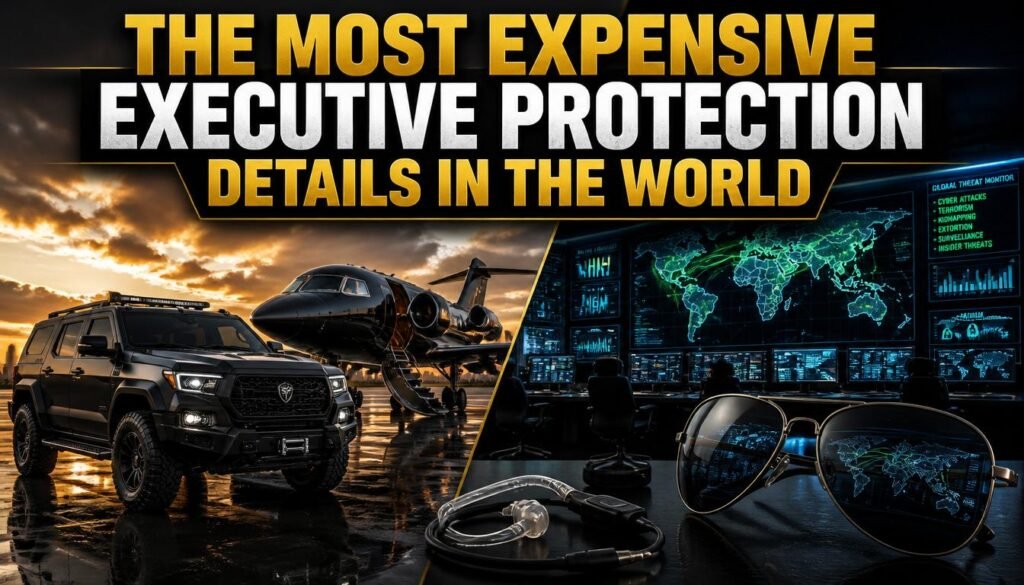 The Most Expensive Executive Protection Details in the World A split-screen infographic detailing The Most Expensive Executive Protection Details in the World. The left panel shows a black armored tactical SUV and a private jet on a wet runway under a dramatic sunset. The right panel shows a high-tech corporate cybersecurity operations room with glowing green world threat maps, with a pair of tactical aviator sunglasses and a clear surveillance earpiece resting on a black desk in the foreground.