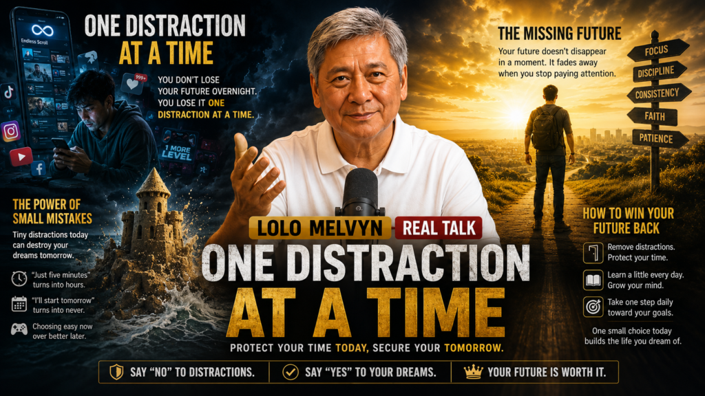 One Distraction at a Time An official media banner analyzing the concept of losing your legacy One Distraction at a Time. Lolo Melvyn sits at the center with a podcast microphone. On the left, a dark panel shows a man trapped in an endless social media scroll and a crumbling sandcastle. On the right, a bright path under a golden sunrise shows a lone man walking past a wooden signpost pointing to Focus, Discipline, and Consistency. The main text title reads One Distraction at a Time.
