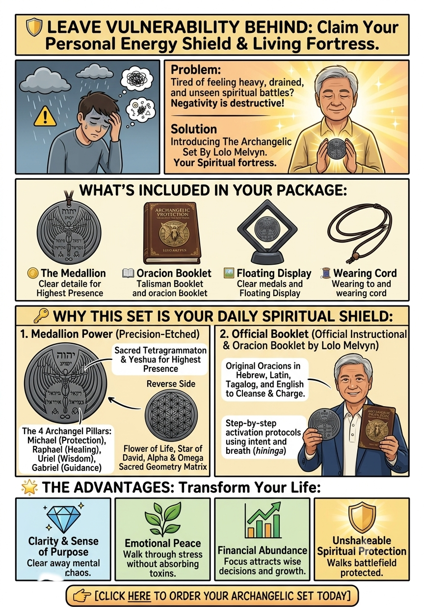 Infographic showcasing the archangelic protection set by Lolo Melvyn featuring the sacred medallion, Oracion booklet, floating display, and wearing cord.