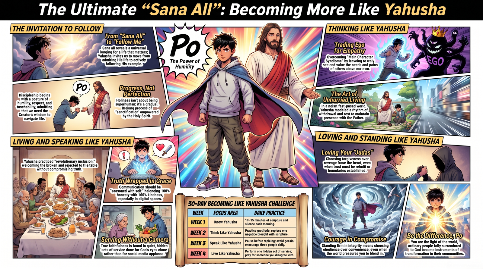 The Ultimate Sana All Infographic displaying the 30-Day Becoming More Like Yahusha Challenge with sections on humility, unhurried living, and revolutionary inclusion.