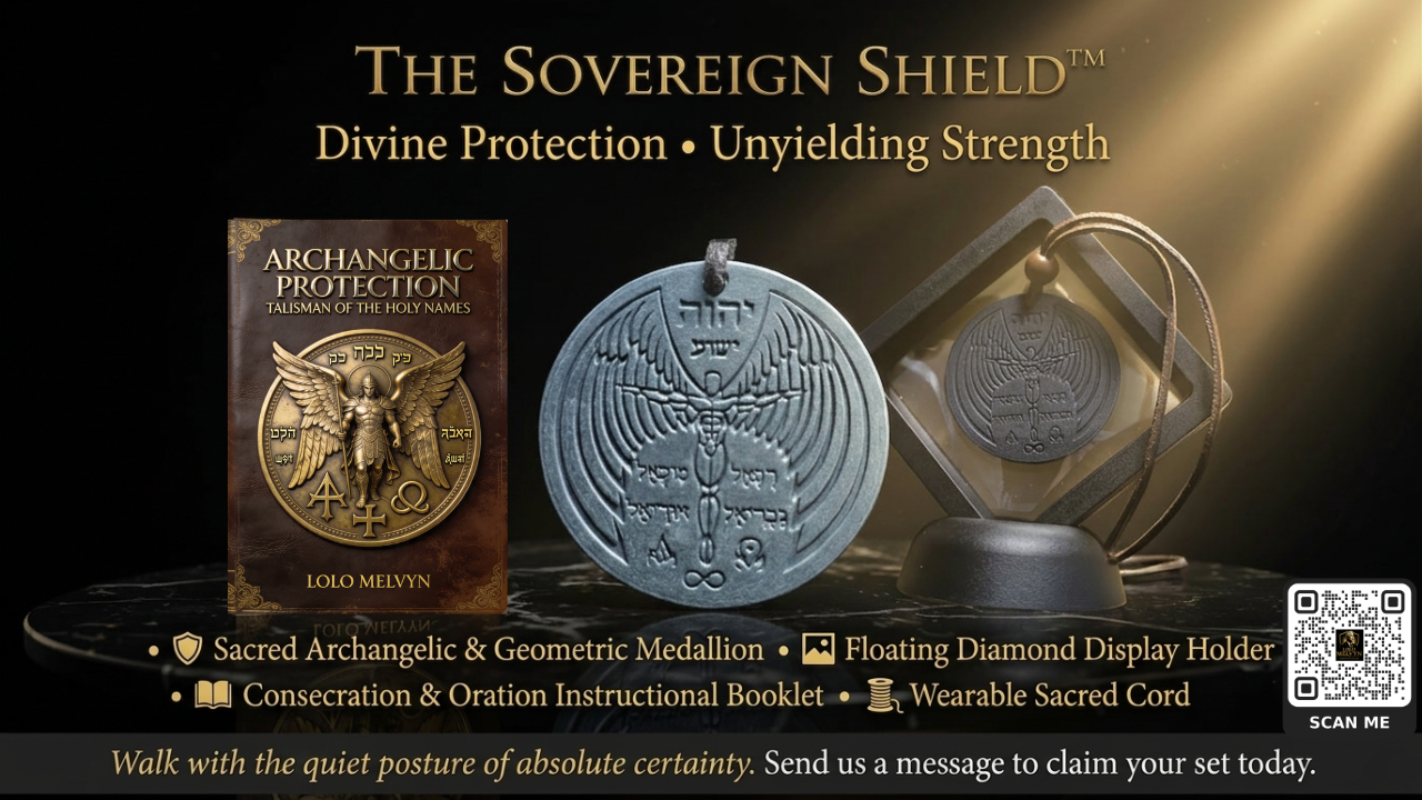 The sovereign shield package featuring sacred archangelic medallion, instruction booklet by Lolo Melvyn, wearable cord, and floating display holder.