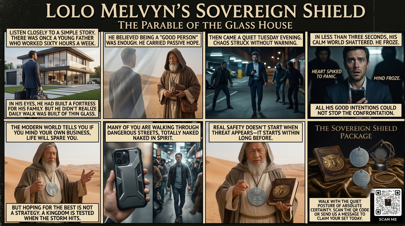 Spiritual protection talisman graphic displaying the Sovereign Shield Package and The Parable of the Glass House by Lolo Melvyn