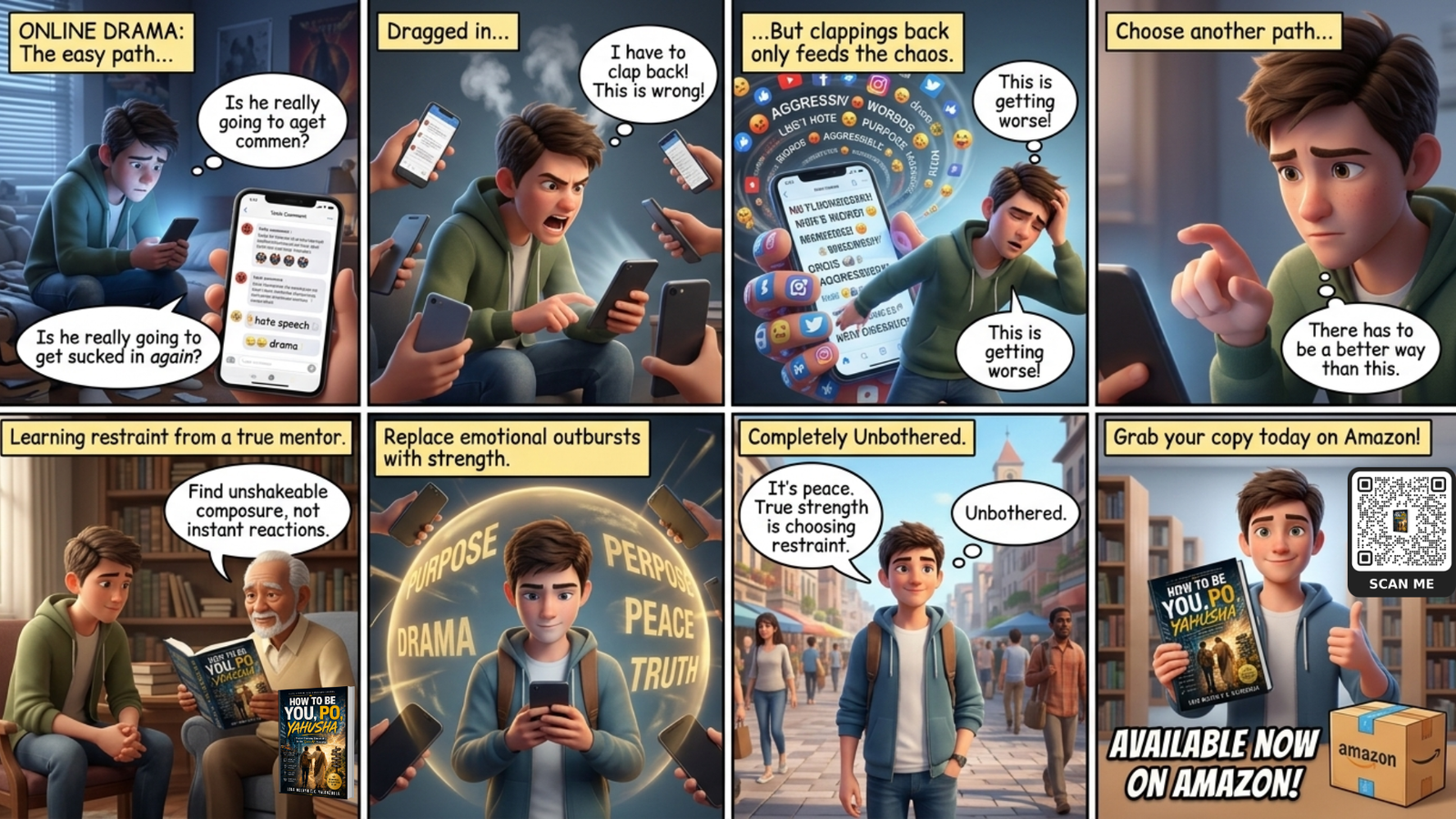 Diffusing online drama graphic showing a person maintaining calm composure while ignoring toxic social media comment notifications.