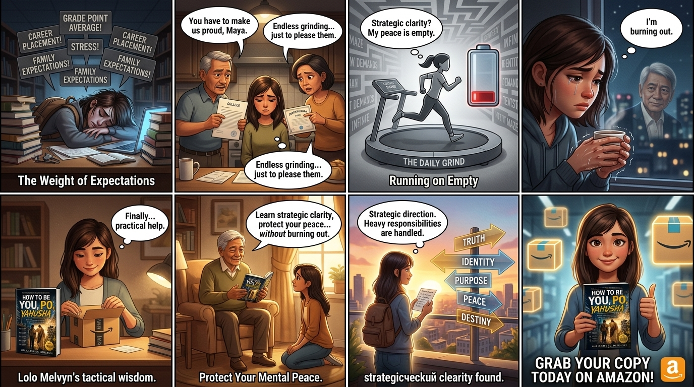 Navigating academic and career burnout illustration showing a young professional standing calm at a ship deck dawn holding a golden compass.