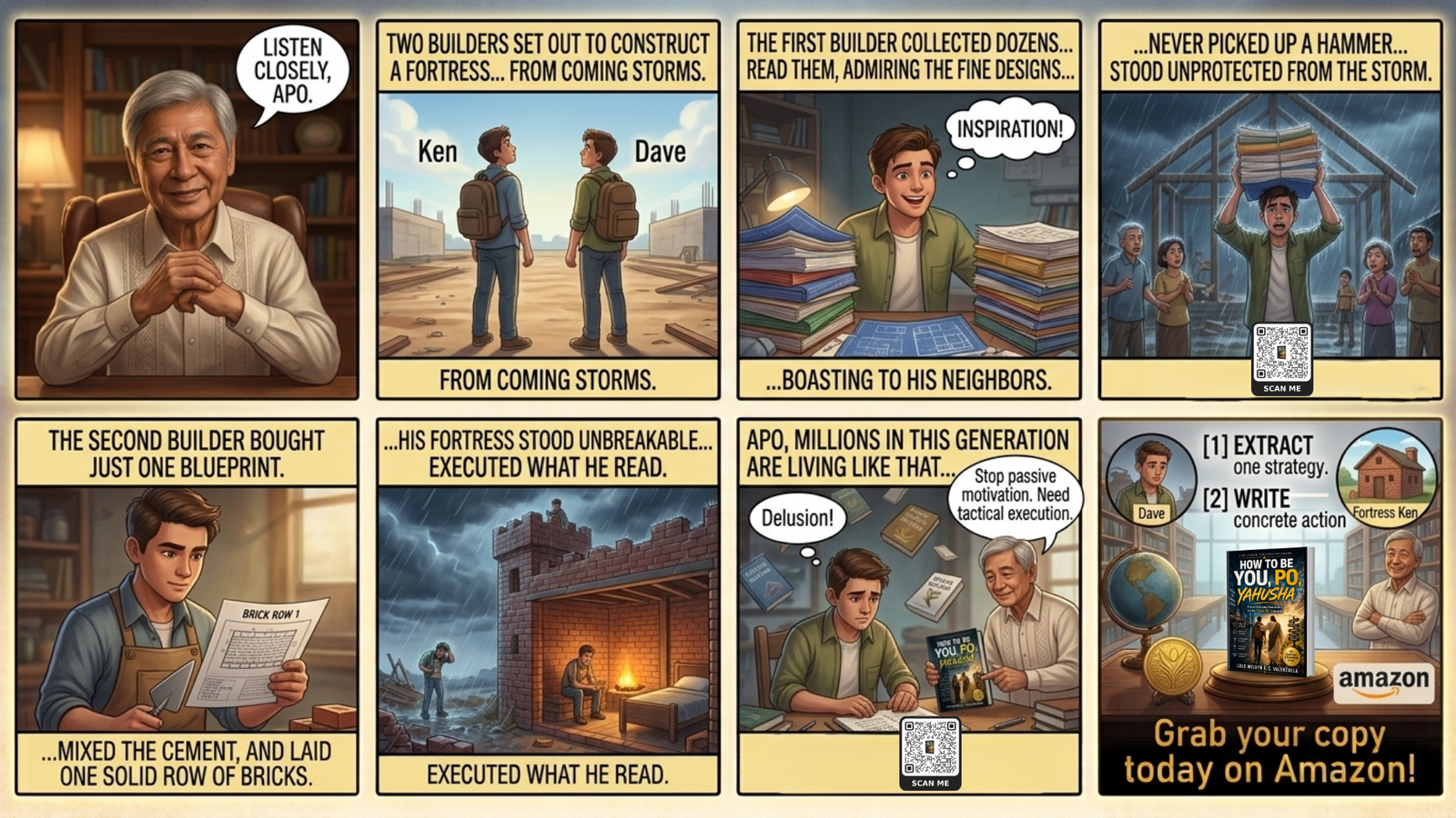 The Parable of the Blueprint Collector illustration comparing a person holding dry blueprints under a leaking roof with a builder laying solid stone bricks.