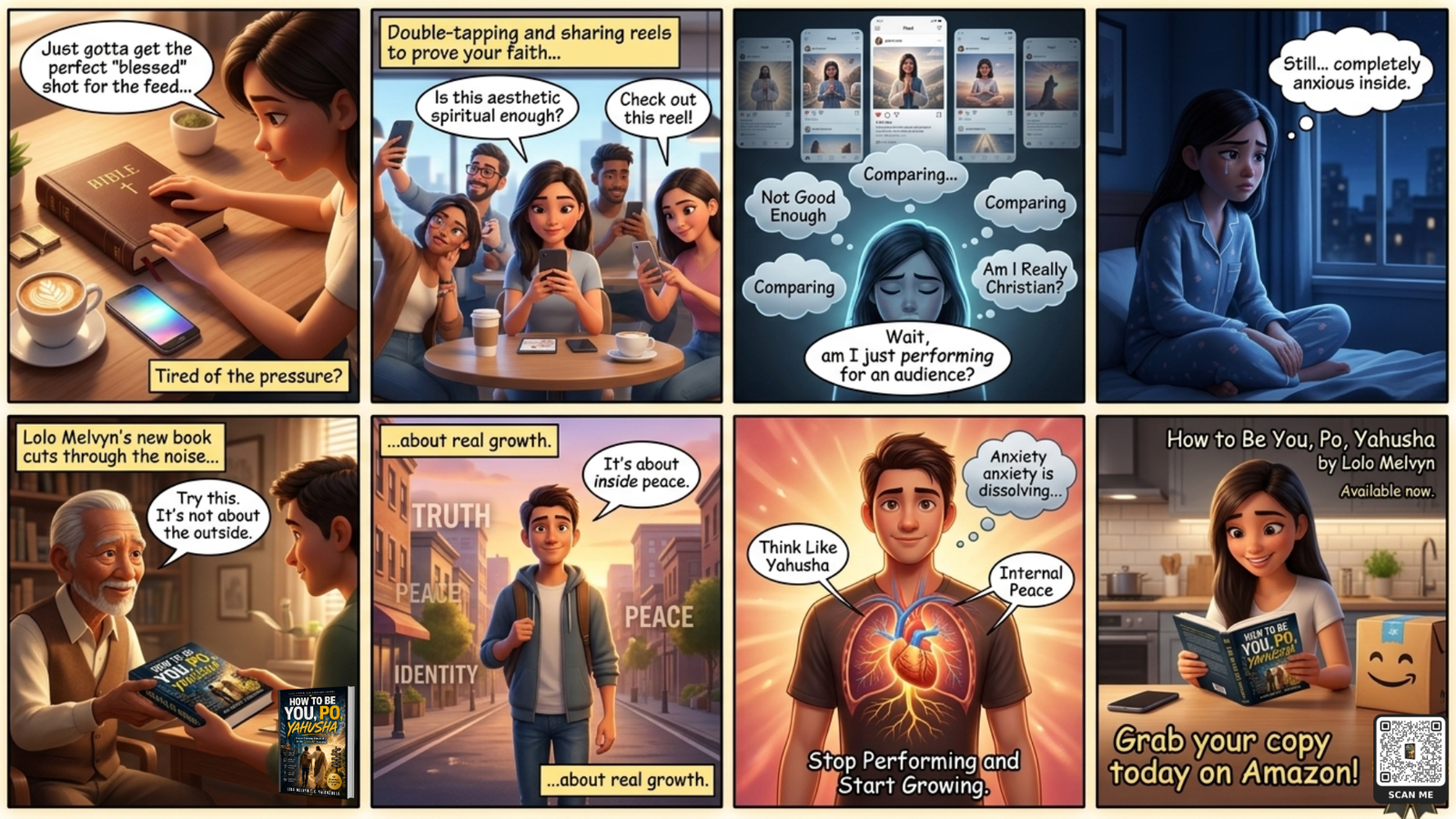 Stop performing your faith visual showing a smartphone with social media likes next to a person experiencing deep internal peace in quiet prayer.