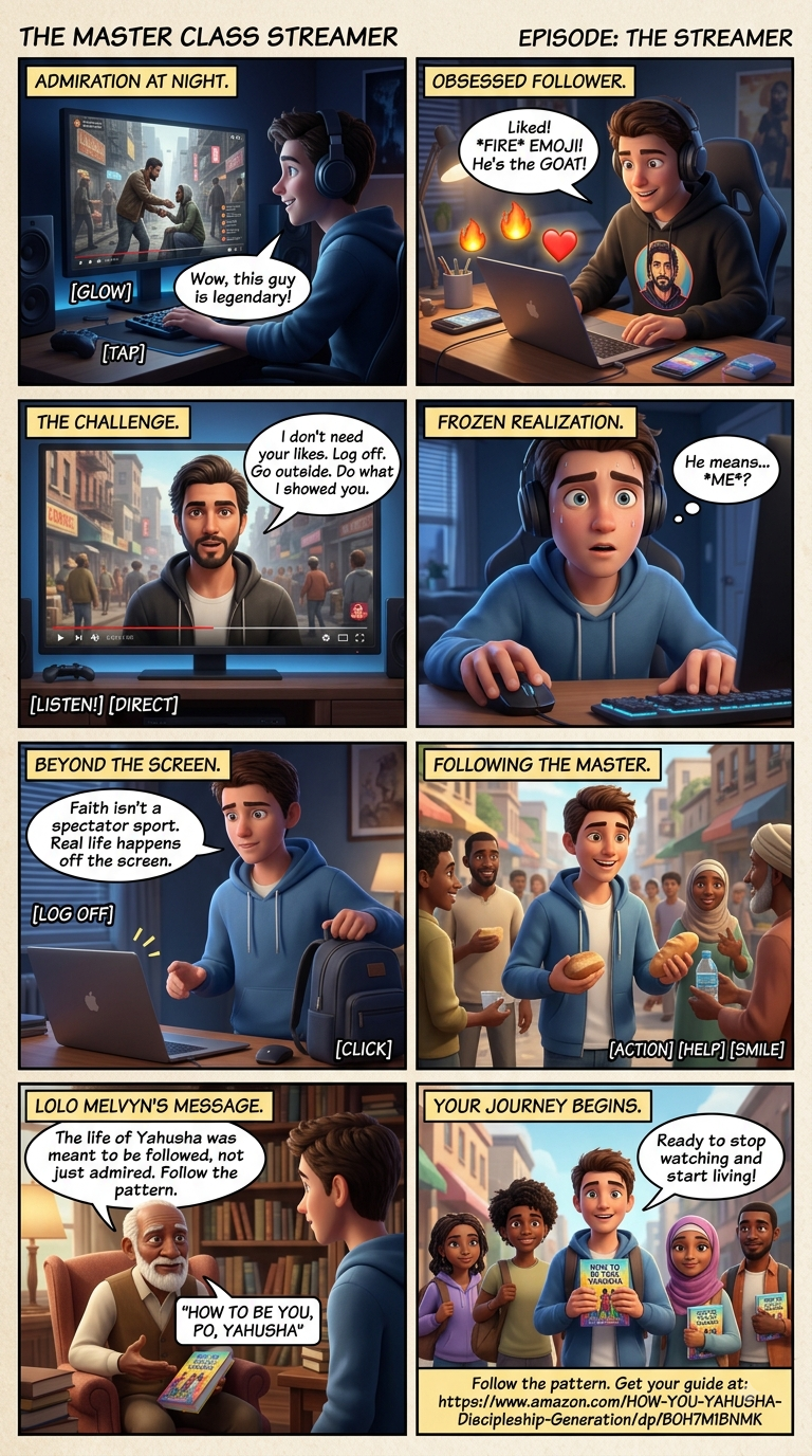 The Master Class Streamer artwork showing a young man freezing over his gaming keyboard as the live stream host speaks directly to him.