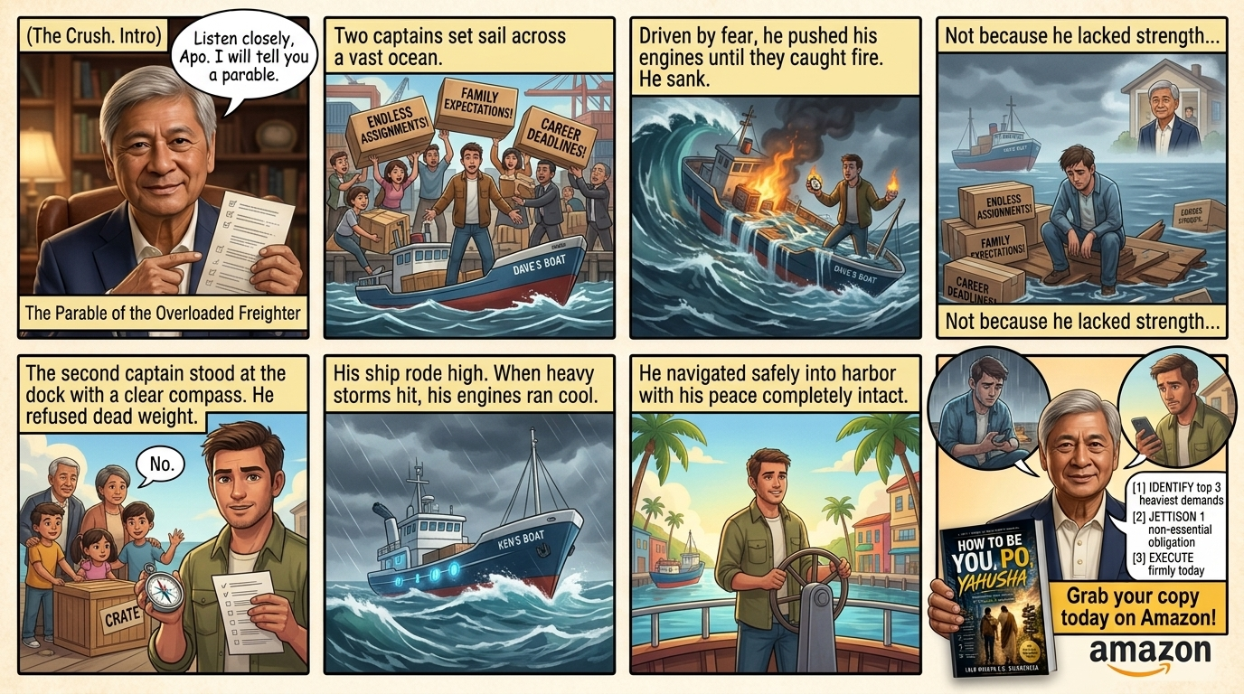 The Parable of the Overloaded Freighter graphic depicting an overloaded ship sinking in stormy seas versus a balanced vessel navigating high and steady.