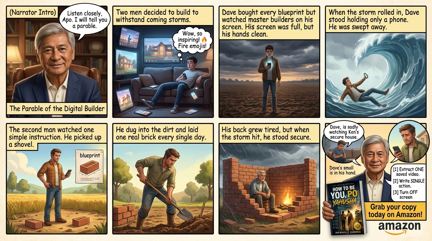 Parable of the Digital Builder graphic depicting two builders, one holding a glowing phone in a storm and the other standing in a stone house.