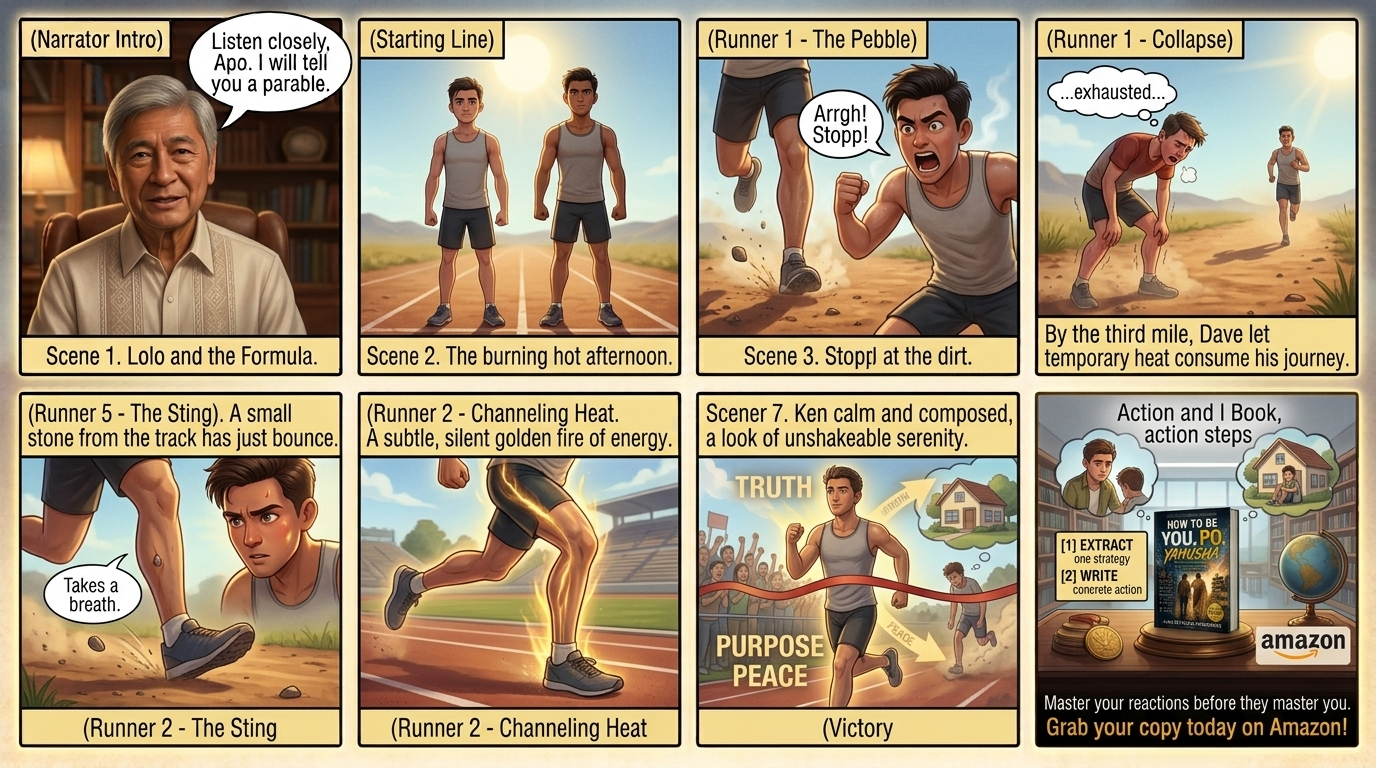 Parable of the Two Runners illustration showing an exhausted short-tempered runner collapsing vs a composed runner finishing with strength.