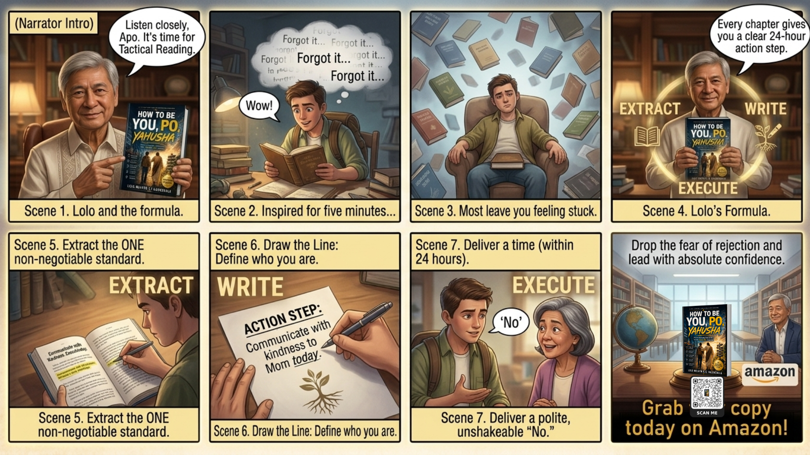 The Tactical Reading Method illustration depicting a reader converting book chapters into immediate 24-hour action steps.