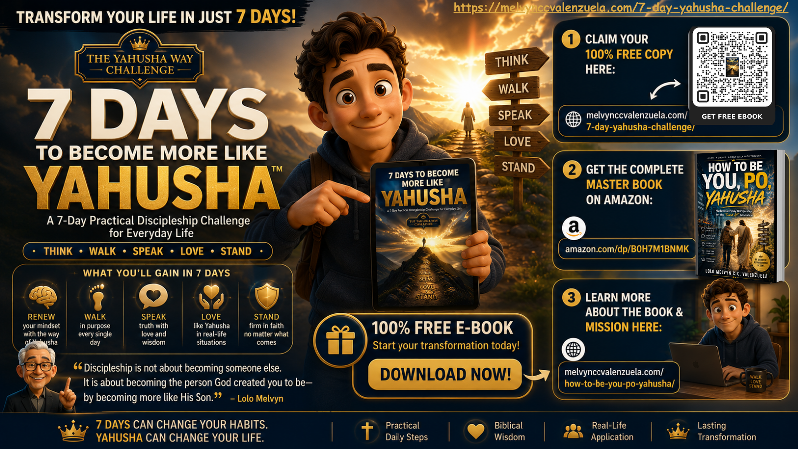 7 Days to Become More Like Yahusha book guide banner showing daily practical discipleship pillars