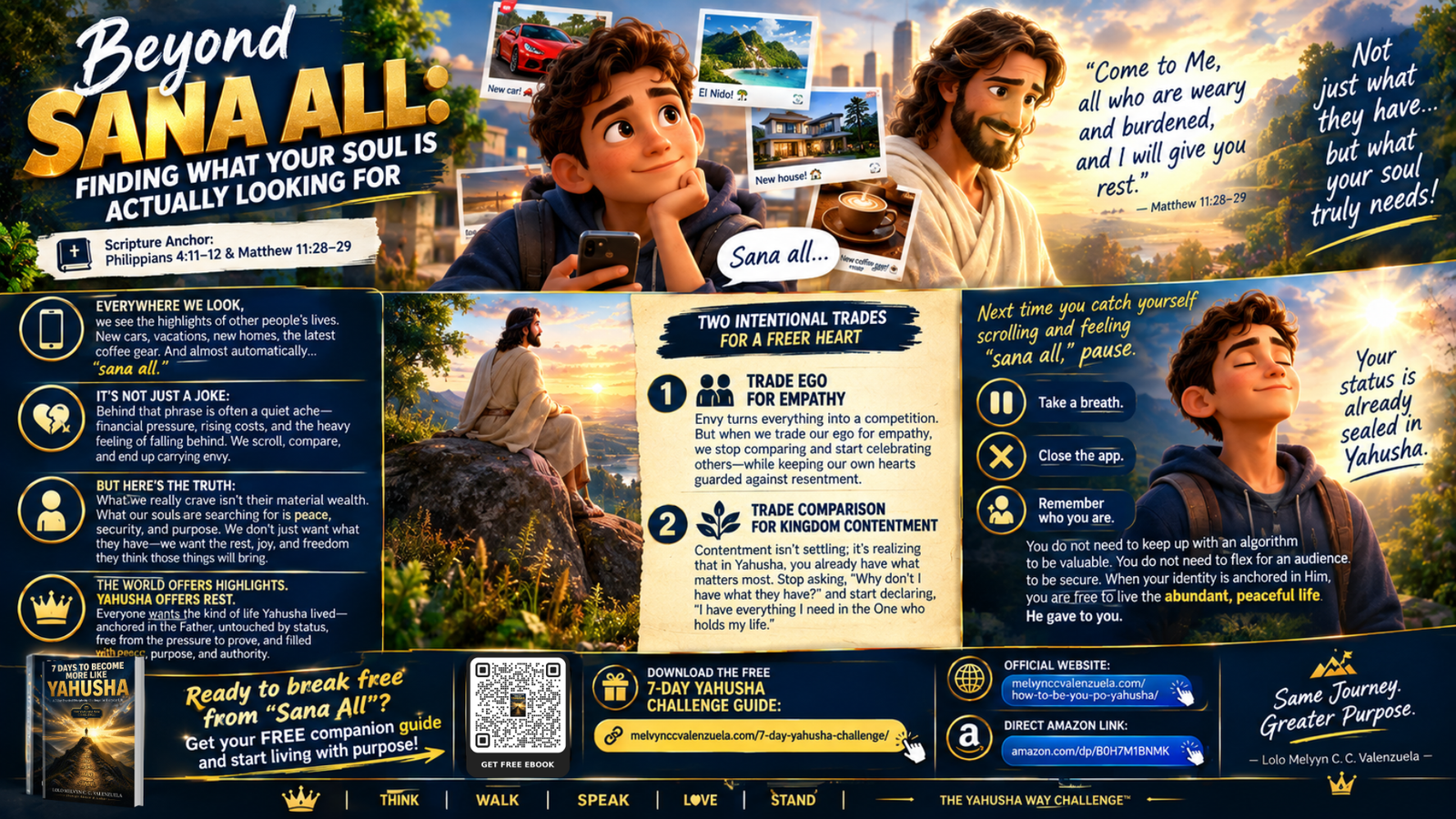 Beyond Sana All guide infographic illustrating how believers can move past social media comparison and find true contentment in Yahusha