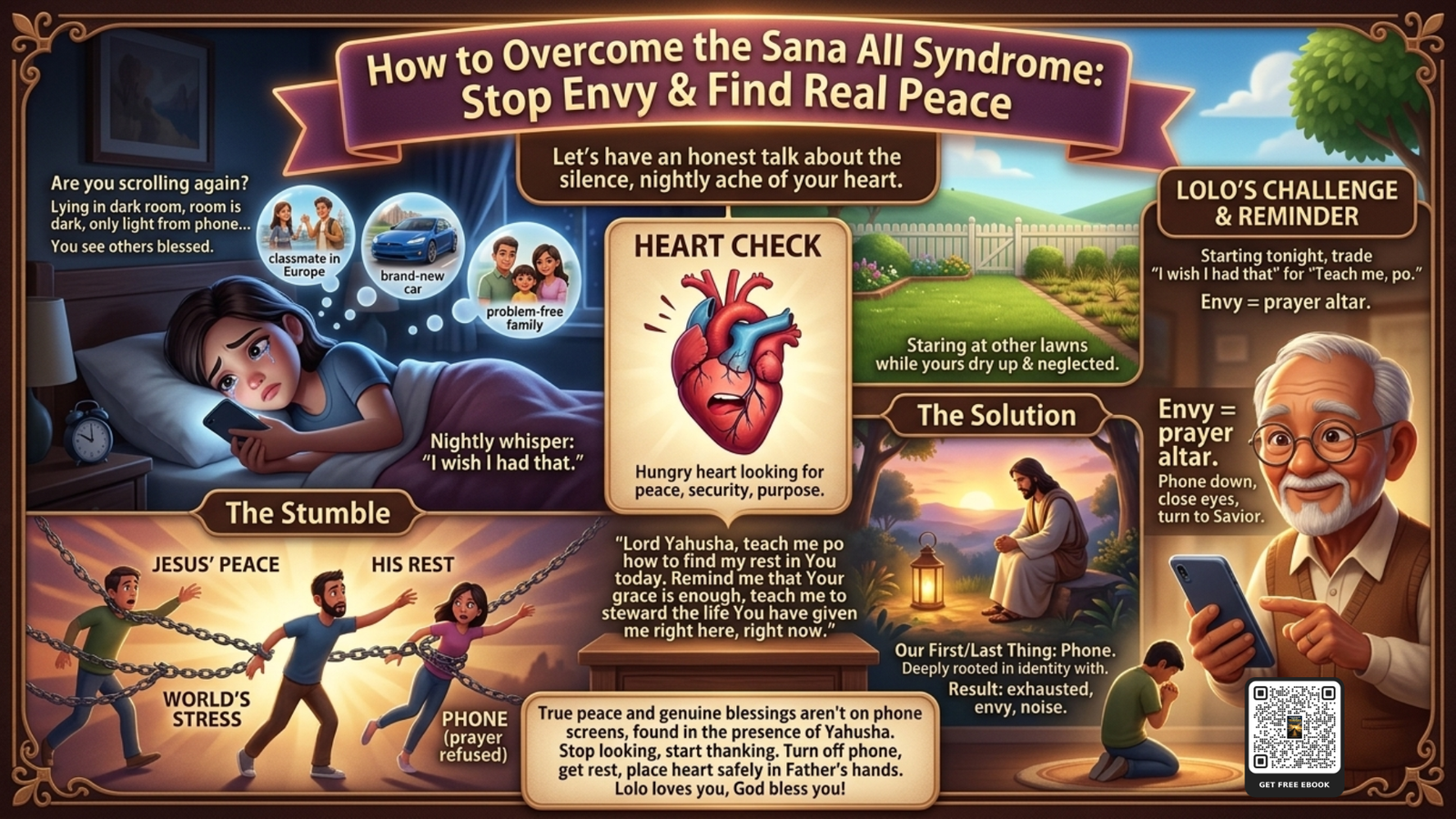 How to Overcome the Sana All Syndrome infographic showing a believer breaking free from social media comparison and finding rest in Yahusha