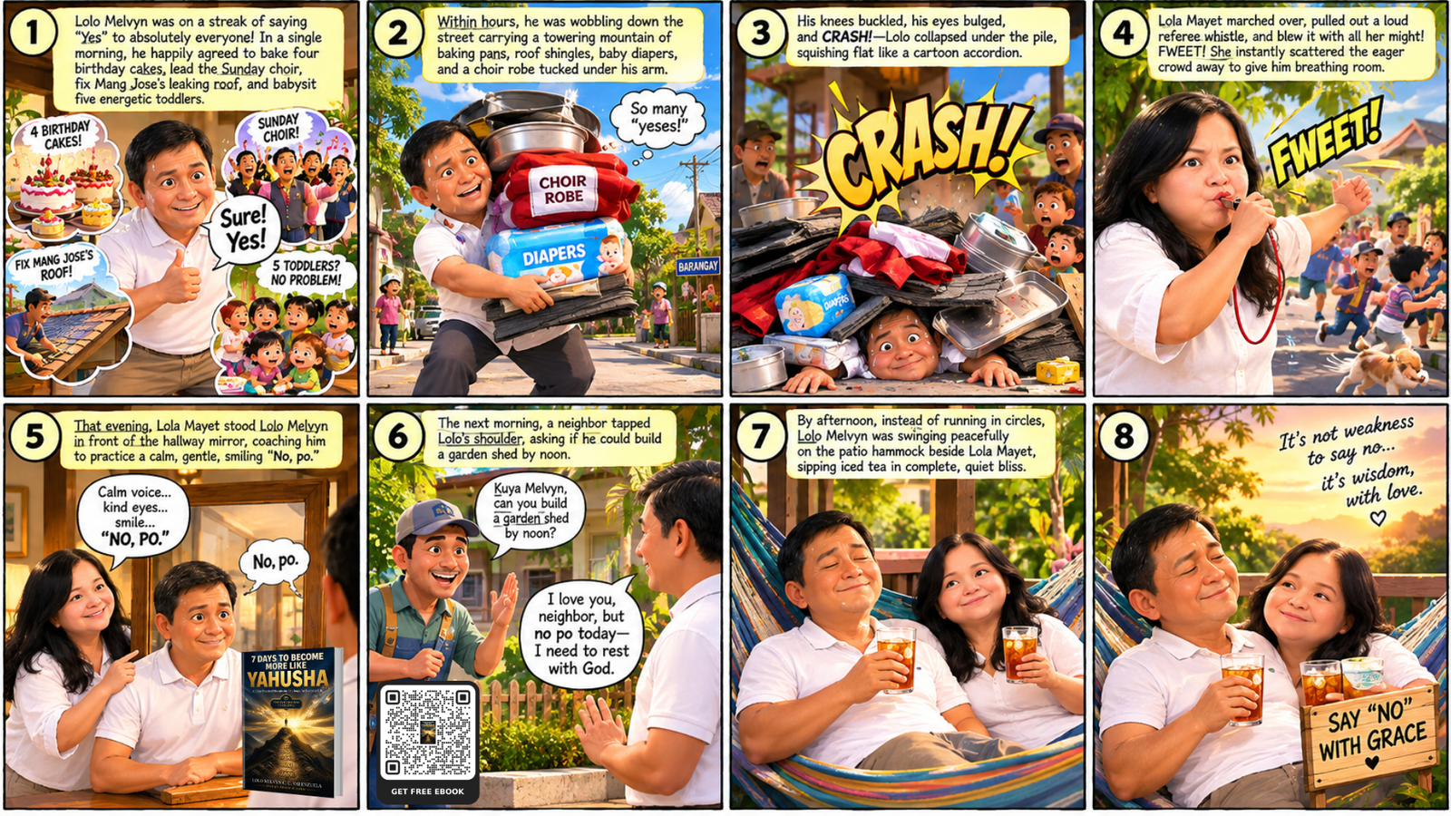 How to Say No with Grace illustration showing Lolo Melvyn learning godly boundaries with Lola Mayet