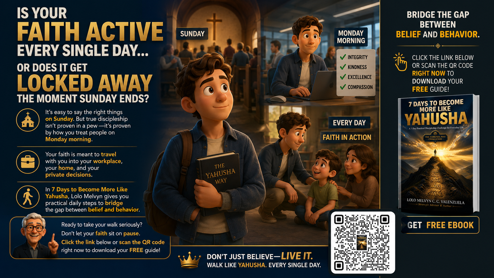 Is your faith active every single day banner showing a Christian disciple bridging belief and behavior