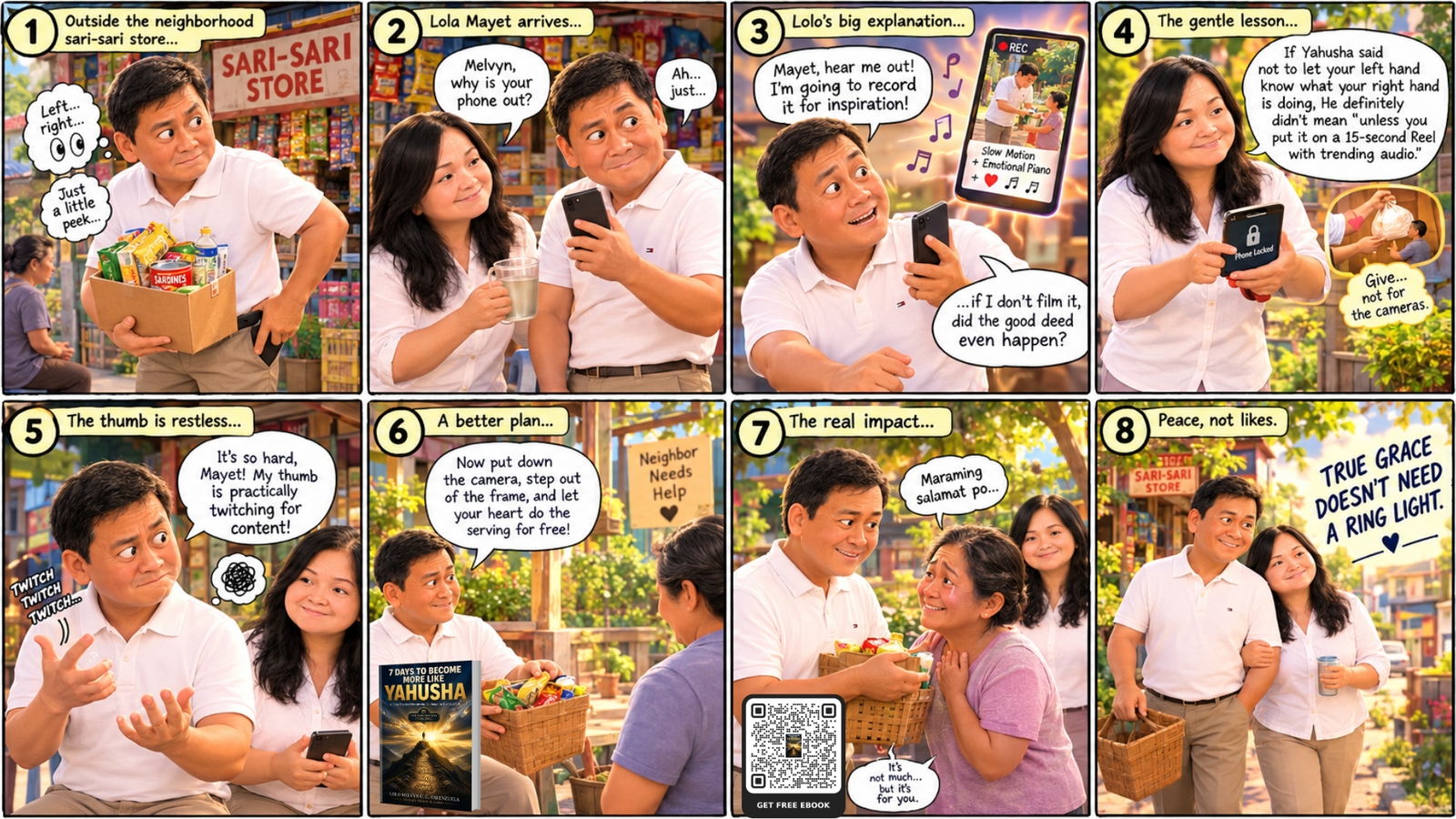 No Camera No Good Deed Culture illustration showing Lolo Melvyn attempting to film a grocery donation while Lola Mayet advises him