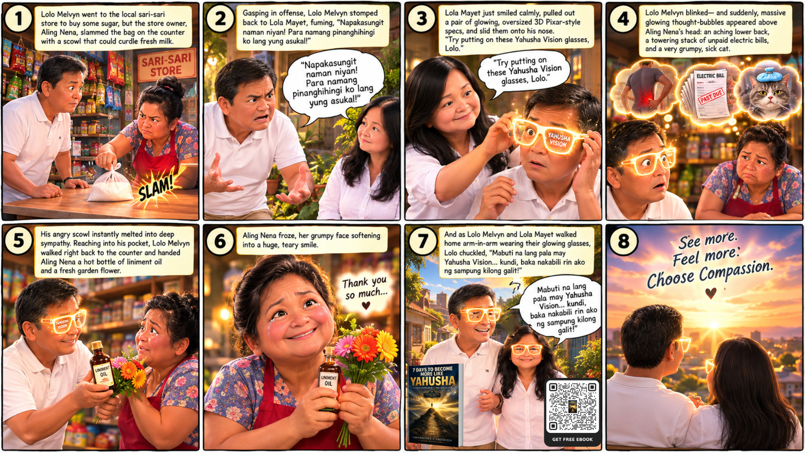 Lolo Melvyn wearing glowing Yahusha Vision glasses for Seeing Through the Eyes of Compassion at Aling Nena sari-sari store