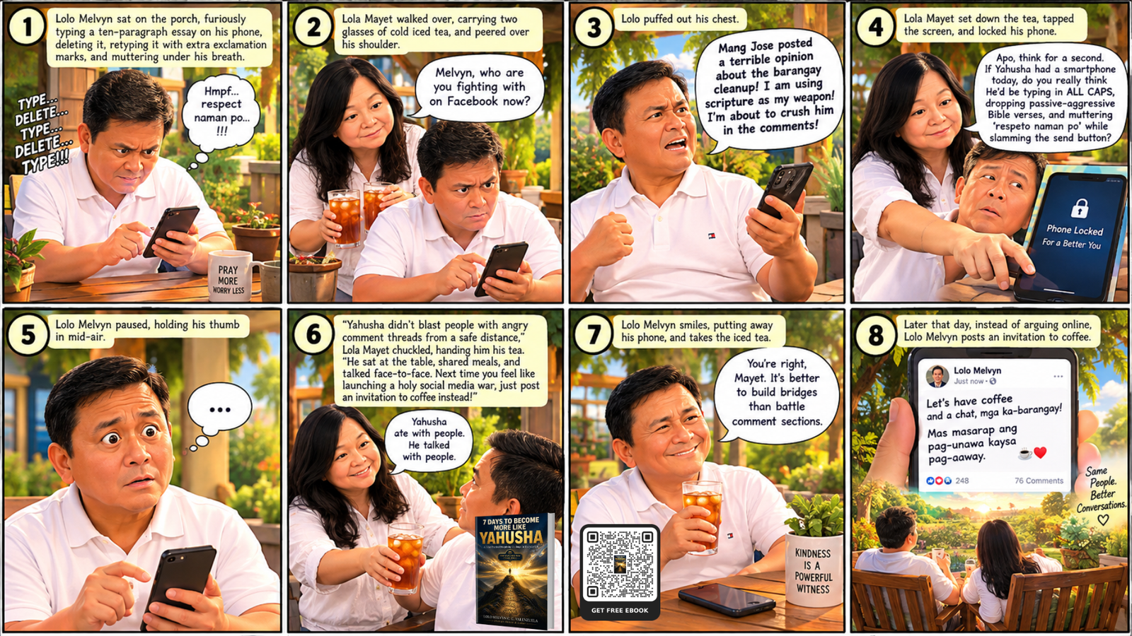 What Would Jesus Post illustration featuring Lolo Melvyn typing on a smartphone while Lola Mayet offers wisdom and iced tea