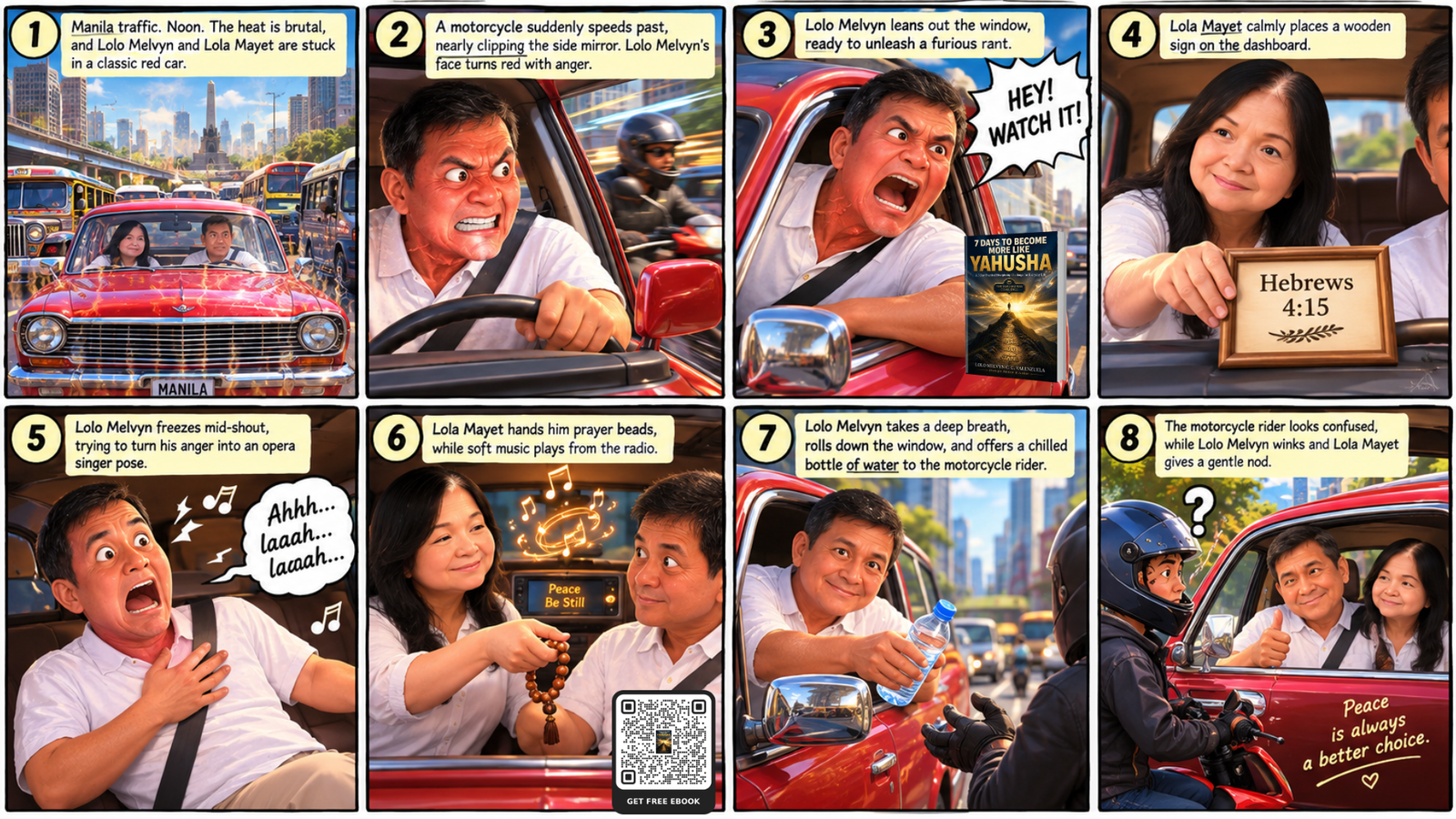 Lolo Melvyn in a car when traffic test your faith alongside Lola Mayet showing Hebrews 4:15 frame