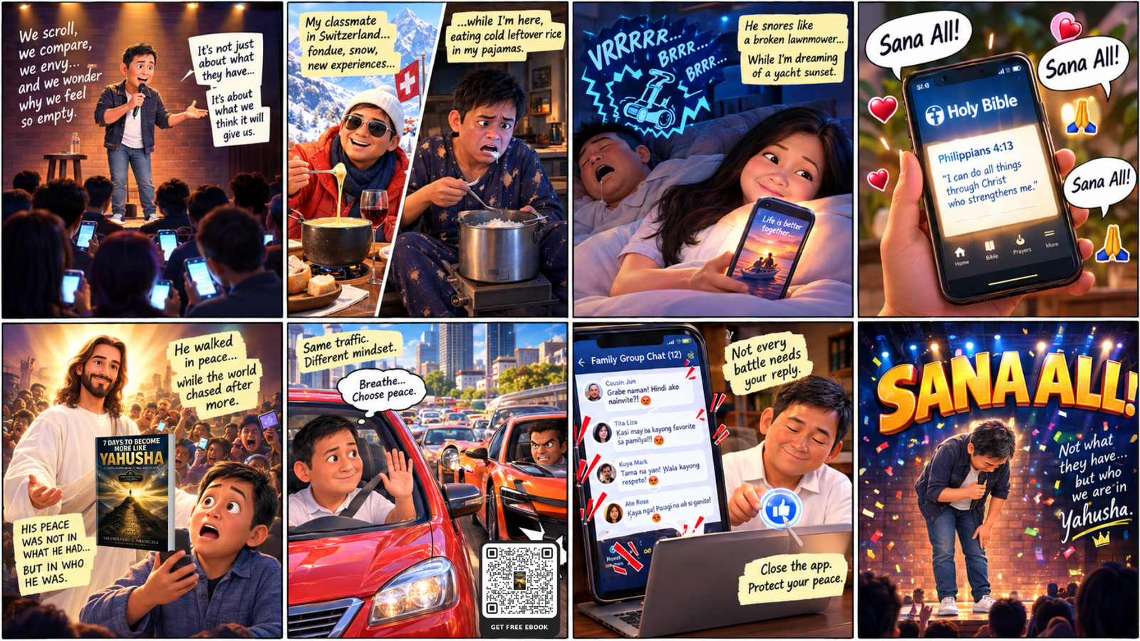 Sana All Syndrome illustration showing social media envy and spiritual peace