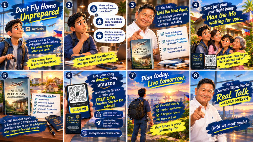 Don’t Fly Home Unprepared illustration showing the OFW landing strategy and 12 month countdown by Lolo Melvyn
