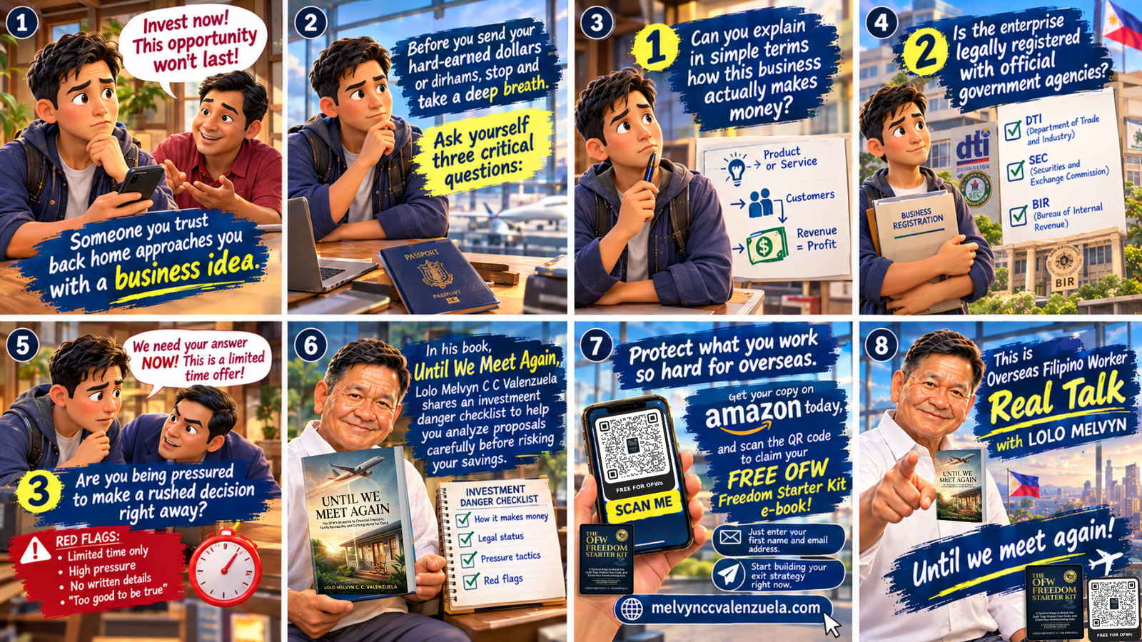 Protect Your Money From Bad Investments illustration showing the OFW investment danger checklist by Lolo Melvyn